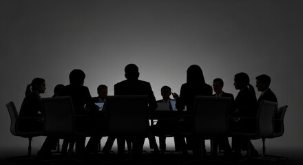 Silhouette of a business team in a dark conference room meeting. Anonymous corporate board discussing strategy around a table with glowing laptop screens.