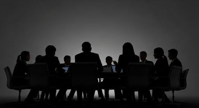 Silhouette of a business team in a dark conference room meeting. Anonymous corporate board discussing strategy around a table with glowing laptop screens.