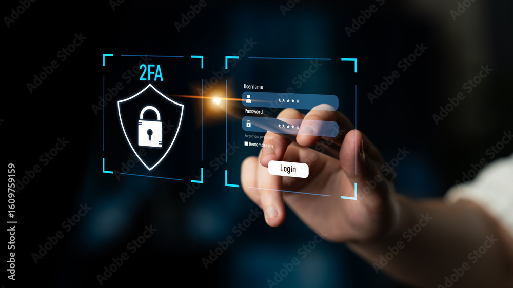 Poster two-factor authentication strengthens login system security. adds protection, two-factor authenticat
