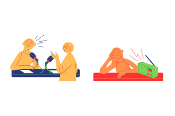 Joyful Podcast Hosts and Frustrated Radio Listener: Flat Vector Illustration