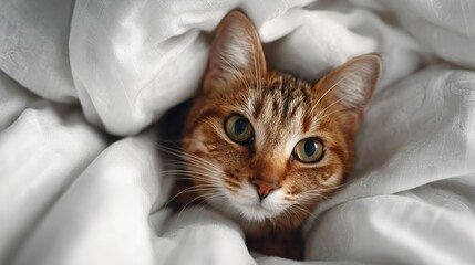 view from above, cute cat laying in bed under white blanket, cozy bedroom, playful and happy atmosphere
