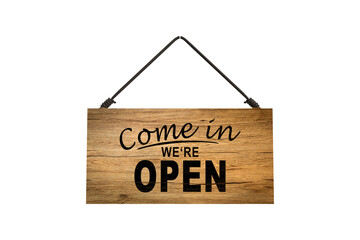 Come in we're open, vintage retro sign in cafe front. PNG