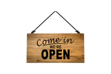 Come in we're open, vintage retro sign in cafe front. PNG