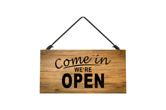 Come in we're open, vintage retro sign in cafe front. PNG