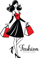 Stylish elegant woman with dark wavy hair wearing a red top and black skirt holding shopping bags with a fashion inscription below her feet