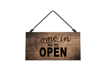 Come in we're open, vintage retro sign in cafe front. PNG