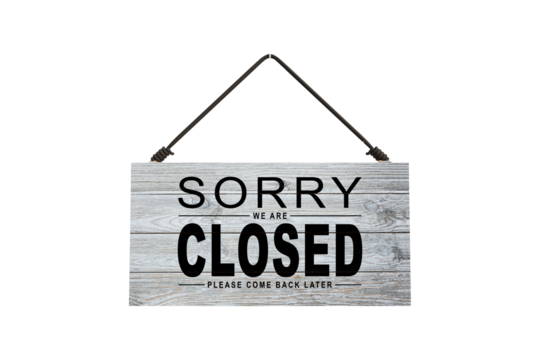Sorry, we are closed. White sign with shadow isolated on transparent background. Realistic vector illustration. Business concept for closed businesses, sites and services. Signboard with a rope.