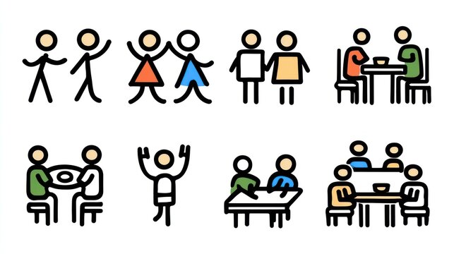 Simple stick-figure-style drawings depict interactions between individuals or small groups