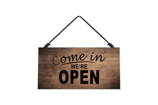 Come in we're open, vintage retro sign in cafe front. PNG