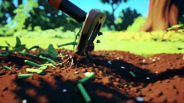Close-up gardening tool cutting weeds in dark soil, nature, and outdoors in background