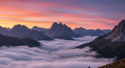 Majestic Mountain Peaks Above Sea of Clouds at Sunrise