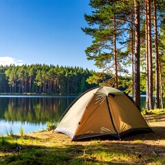Camping by a serene lake