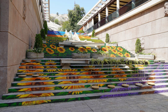 stairs Kamenitsa in Plovdiv sunflowers graffiti Bulgaria tourist place