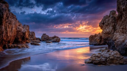 Sunset rocky beach landscape