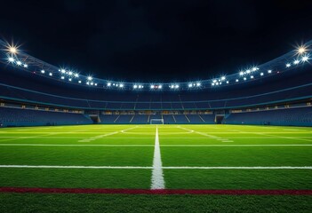 Night game, stadium lights illuminate empty football field, gridiron, event
