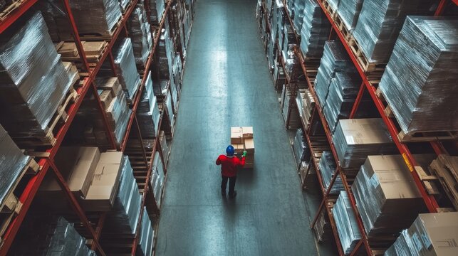 High angle view of warehouse worker transporting cardboard boxes in large industrial storage facility with tall metal shelving, pallets, and bright overhead lighting for logistics and inventory manage