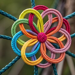 Isolated marine rope with a red knot on a blue background