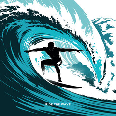 Dynamic Surfer Silhouette Riding a Powerful Wave Illustration with Bold Lines and Vibrant Teal Accents for Extreme Sports