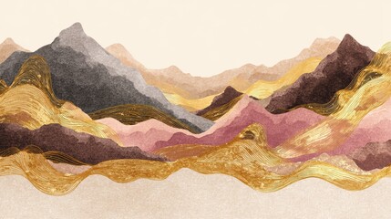 mountain and golden line arts background vector. Oriental Luxury landscape background design with watercolor brush and gold line texture. Wallpaper design, Wall art for home decor and prints., no log
