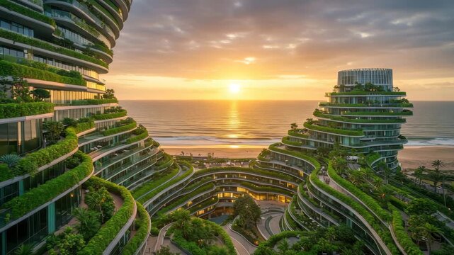 Sunrise unveils stunning green designs by the peaceful ocean, highlighting sustainable living