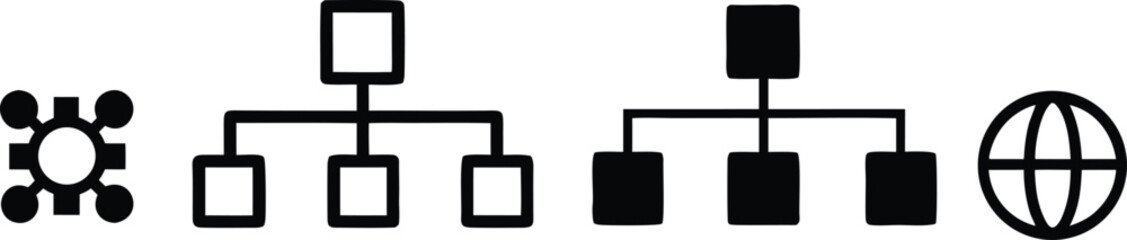 Network diagram icons representing connections and global reach technology vector bundle collection set pack object template elements icons clipart illustration editable flat minimal modern banner pos