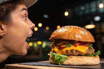 A woman is excited to eat a delicious, gourmet burger in a restaurant.