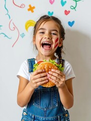 A happy child enjoys a delicious hamburger, smiling brightly for the camera.