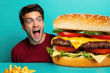 A man is excited about a giant burger and french fries. Delicious food awaits!