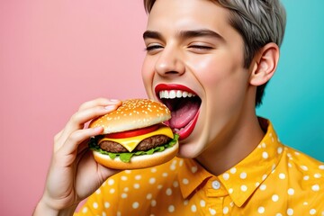 A person happily devours a delicious burger with a joyful expression.