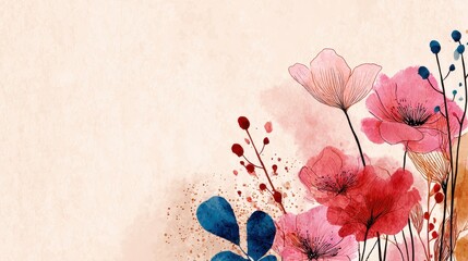 Flower watercolor art background vector. Wallpaper design with floral paint brush line art. leaves and flowers nature design for cover, wall art, invitation, fabric, poster, canvas print., no logos, 