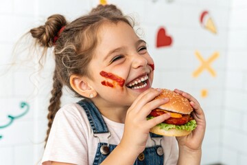 A happy little girl enjoys a burger with a big smile, making a fun portrait.