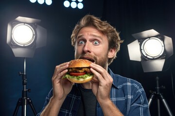 A surprised man enjoys a tasty burger under studio lights, captured perfectly.