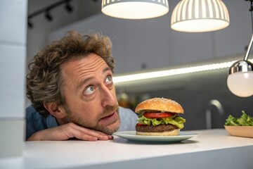 Man stares longingly at a juicy burger on a plate, craving a satisfying meal