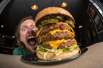 An excited man prepares to eat a massive, delicious burger with all the fixings.