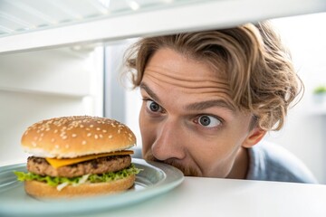 A man excitedly looks at a hamburger inside the refrigerator.