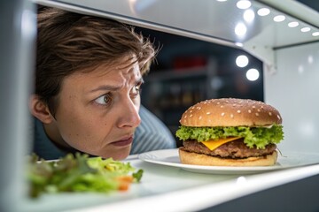 A woman faces the late-night choice between a burger and a healthy salad.