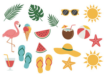 Colorful Summer Vector Elements Set – Flamingo, Sunglasses, Ice Cream, Coconut Drink, Beach Ball, Sun, Palm Leaves, and Holiday Icons Isolated on White Background