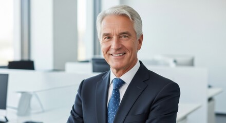 Fototapeta premium Portrait of a friendly senior businessman smiling in a modern office. A successful and experienced corporate executive, CEO, or leader.