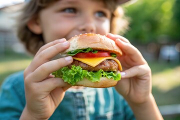 A cheerful child takes a satisfying bite out of a delicious burger