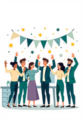 Happy retirement card illustration &ndash; diverse coworkers waving goodbye and celebrating colleague&rsquo;s last day with balloons and confetti, flat vector style for office farewell and goodbye events