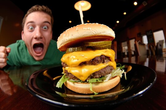 A man is staring hungrily at a delicious double cheeseburger on a plate.