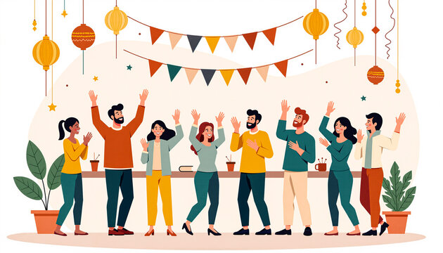 Happy retirement card illustration &ndash; diverse coworkers waving goodbye and celebrating colleague&rsquo;s last day with balloons and confetti, flat vector style for office farewell and goodbye events