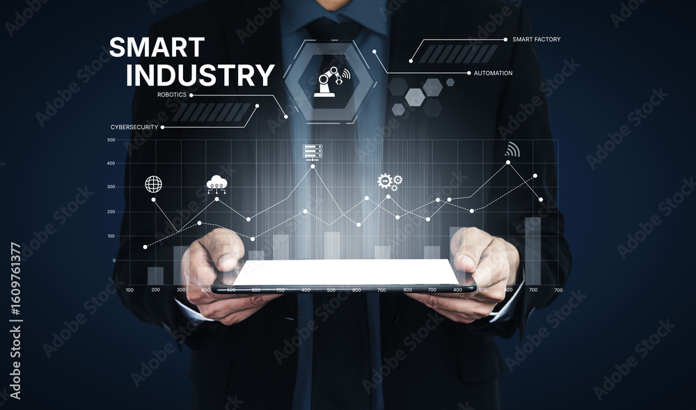Poster smart industry dashboard combining automation, robotics, cloud integration, cybersecurity, and data 