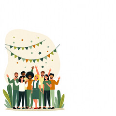 Happy retirement card illustration &ndash; diverse coworkers waving goodbye and celebrating colleague&rsquo;s last day with balloons and confetti, flat vector style for office farewell and goodbye events