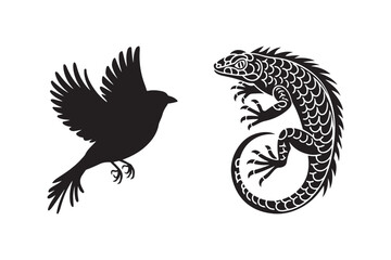 Silhouette of a flying bird and a detailed iguana on a white background