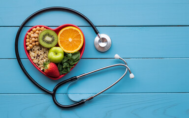A medical and health-themed composition on a light blue wooden plank background