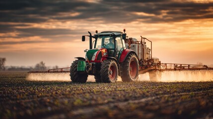 Obraz premium Spraying pesticide with tractor ar agriculture field.