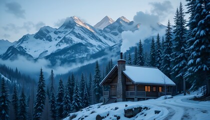 Mountain cabin with smoke from chimney, nestled among snowy peaks in a winter forest"