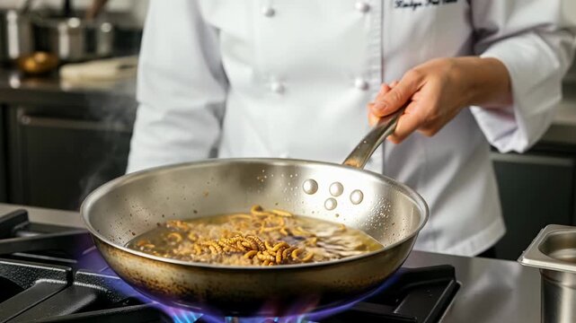 Chef crisps seasoned mealworms in hot pan, showcasing unique cooking techniques and flavors