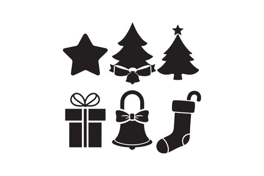 Set of six black christmas icons including a star two trees a gift a bell and a stocking